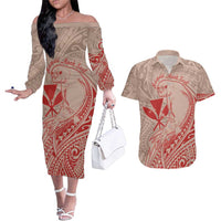 Hawaii Monk Seal and Map Couples Matching Off The Shoulder Long Sleeve Dress and Hawaiian Shirt Polynesian Kanaka Maoli Red Vibe LT9 Red - Polynesian Pride