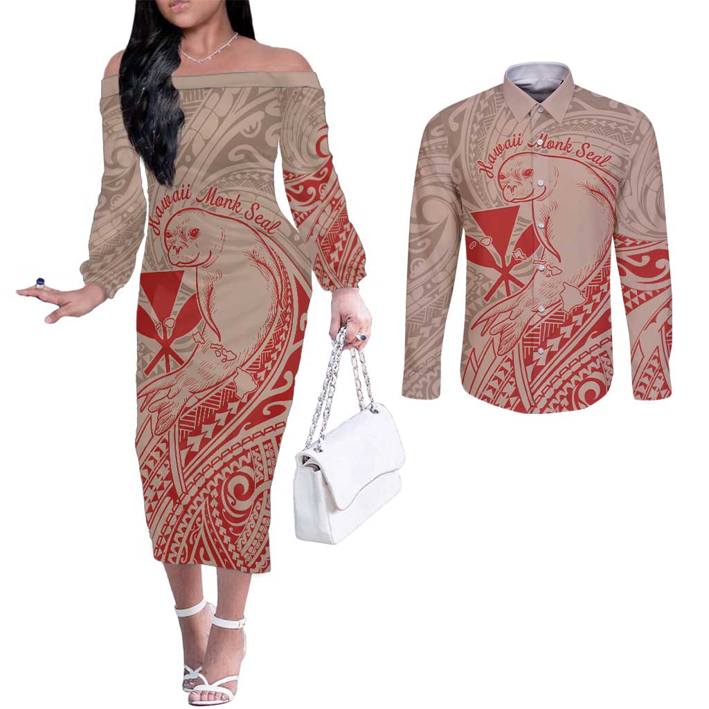 Hawaii Monk Seal and Map Couples Matching Off The Shoulder Long Sleeve Dress and Long Sleeve Button Shirt Polynesian Kanaka Maoli Red Vibe LT9 Red - Polynesian Pride