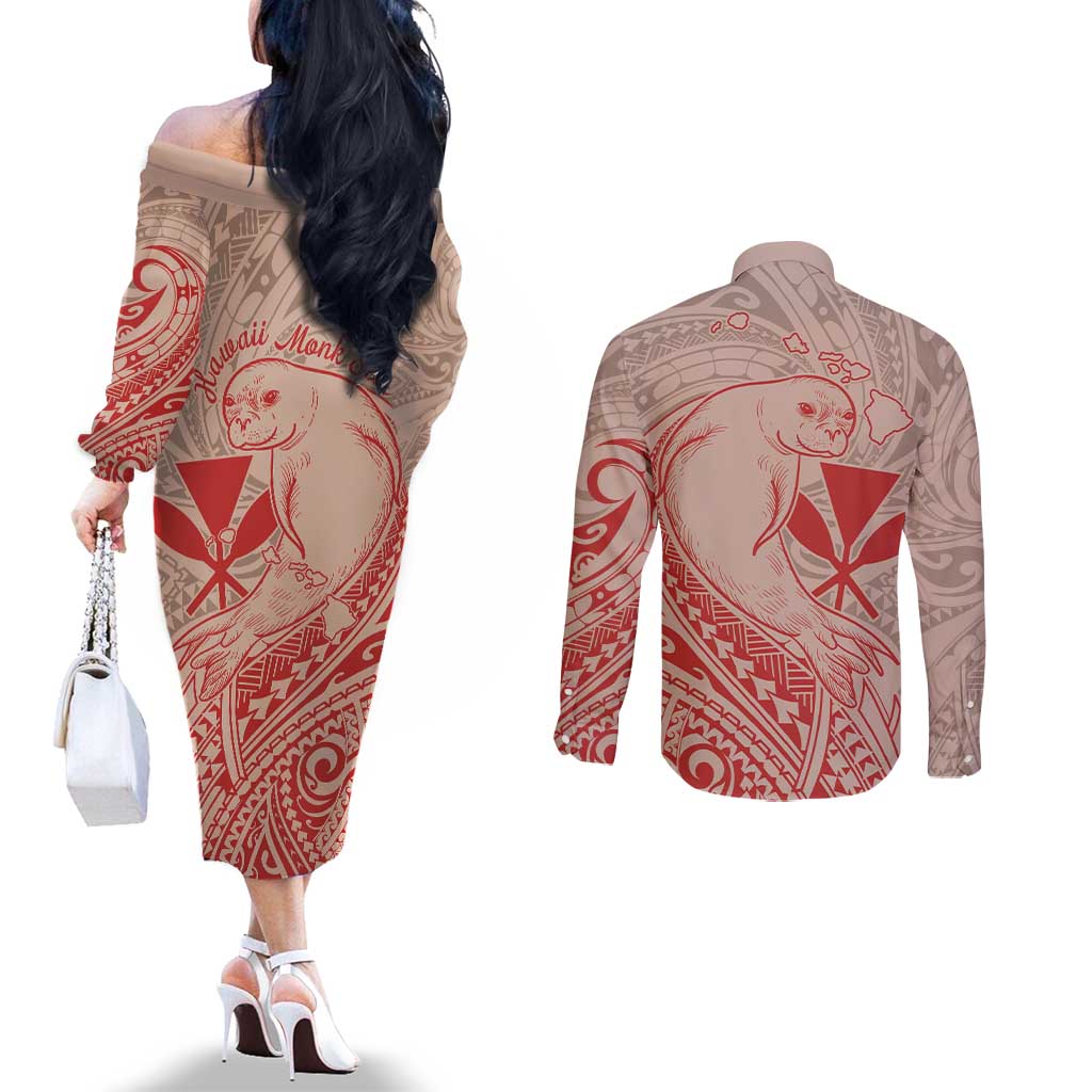 Hawaii Monk Seal and Map Couples Matching Off The Shoulder Long Sleeve Dress and Long Sleeve Button Shirt Polynesian Kanaka Maoli Red Vibe LT9 - Polynesian Pride