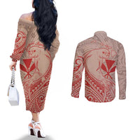 Hawaii Monk Seal and Map Couples Matching Off The Shoulder Long Sleeve Dress and Long Sleeve Button Shirt Polynesian Kanaka Maoli Red Vibe LT9 - Polynesian Pride