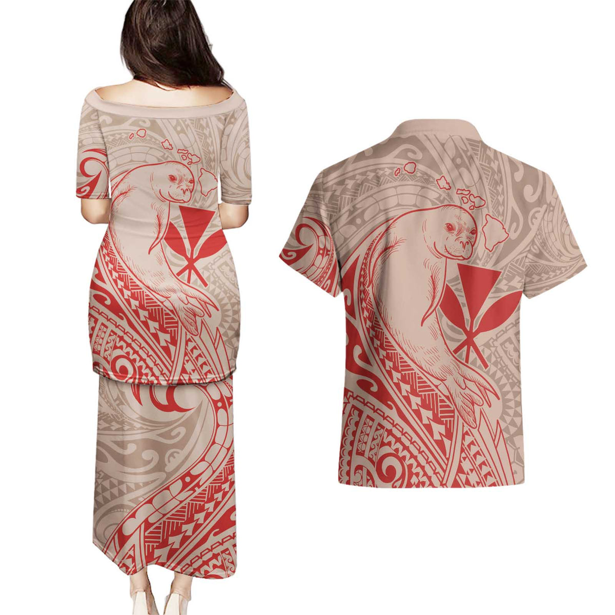 Hawaii Monk Seal and Map Couples Matching Puletasi and Hawaiian Shirt Polynesian Kanaka Maoli Red Vibe LT9 - Polynesian Pride