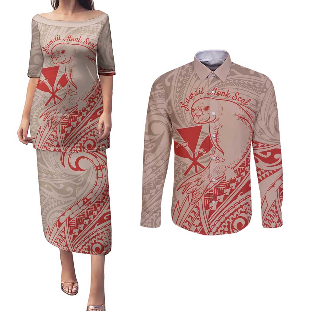 Hawaii Monk Seal and Map Couples Matching Puletasi and Long Sleeve Button Shirt Polynesian Kanaka Maoli Red Vibe