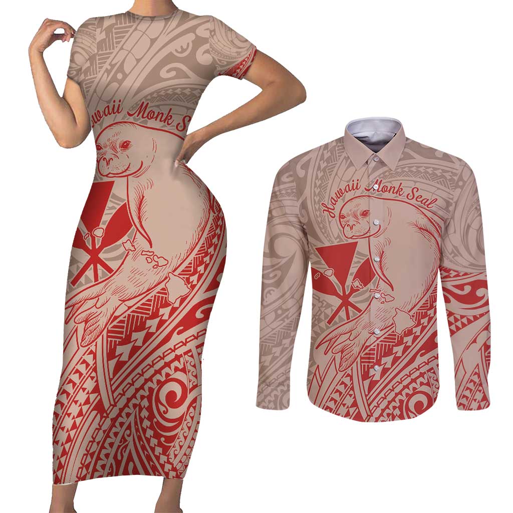 Hawaii Monk Seal and Map Couples Matching Short Sleeve Bodycon Dress and Long Sleeve Button Shirt Polynesian Kanaka Maoli Red Vibe LT9 Red - Polynesian Pride