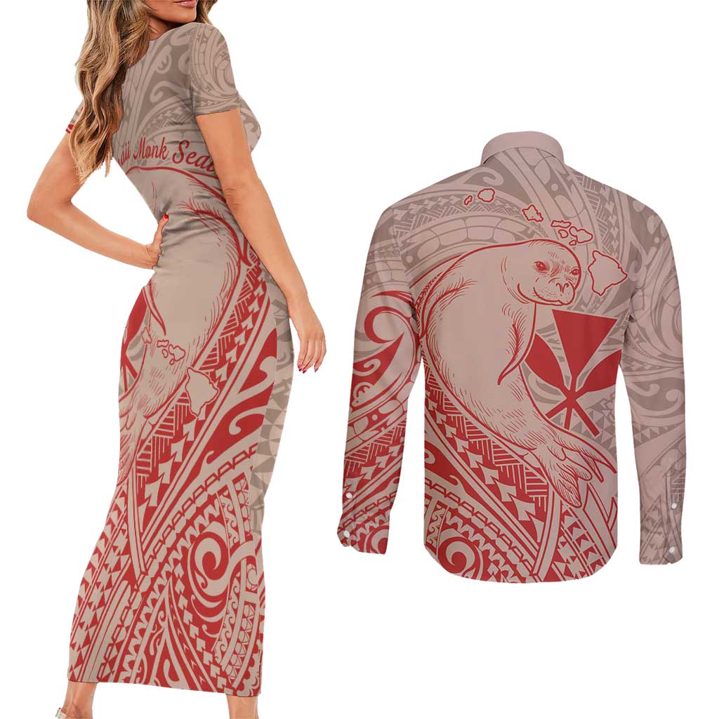 Hawaii Monk Seal and Map Couples Matching Short Sleeve Bodycon Dress and Long Sleeve Button Shirt Polynesian Kanaka Maoli Red Vibe LT9 - Polynesian Pride