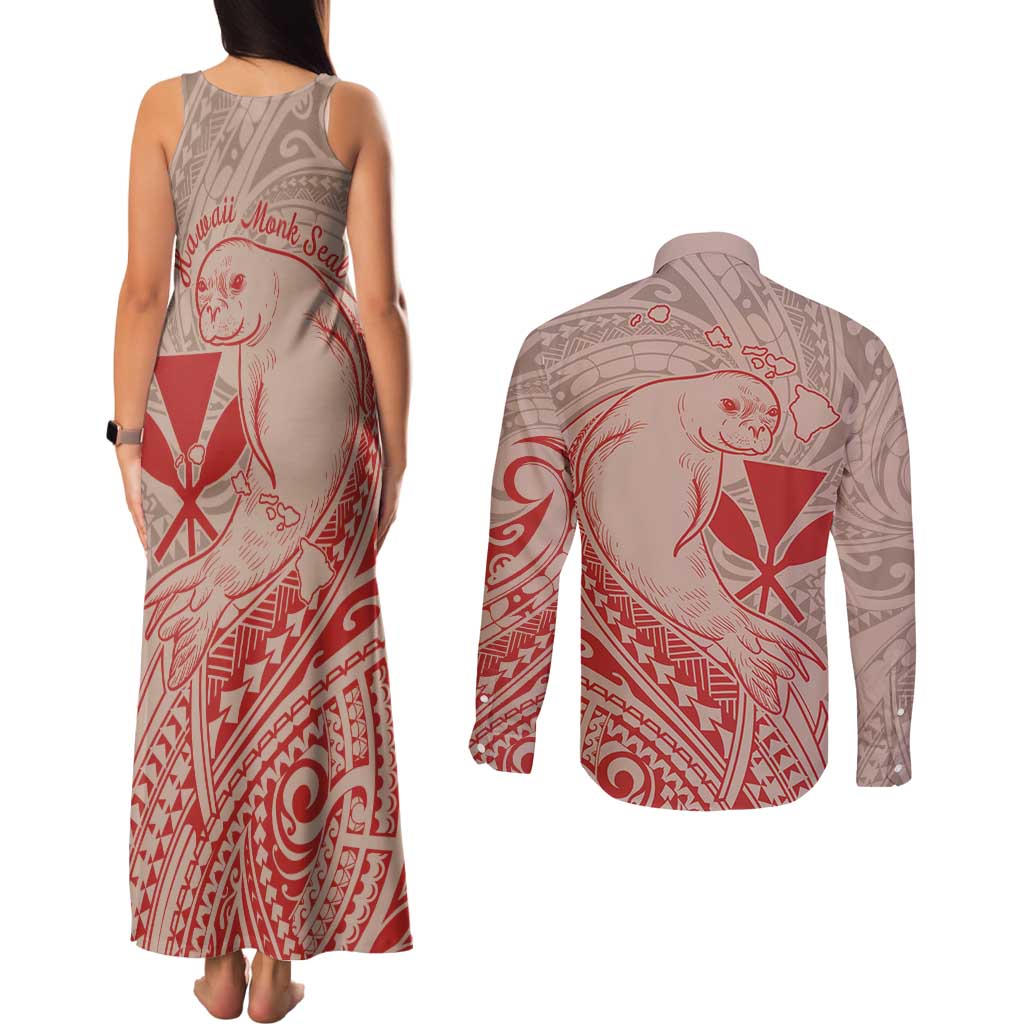 Hawaii Monk Seal and Map Couples Matching Tank Maxi Dress and Long Sleeve Button Shirt Polynesian Kanaka Maoli Red Vibe LT9 - Polynesian Pride