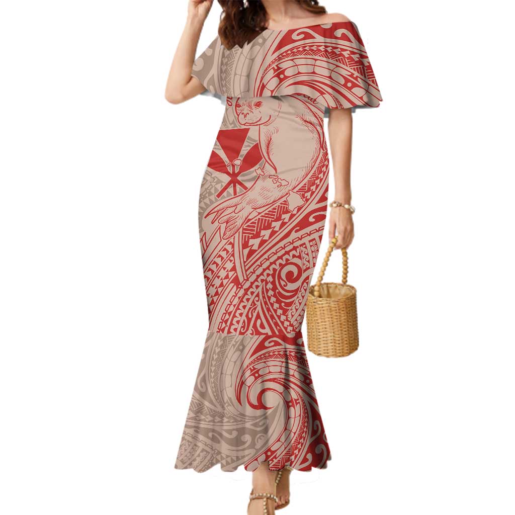 Hawaii Monk Seal and Map Family Matching Mermaid Dress and Hawaiian Shirt Polynesian Kanaka Maoli Red Vibe LT9 Mom's Dress Red - Polynesian Pride