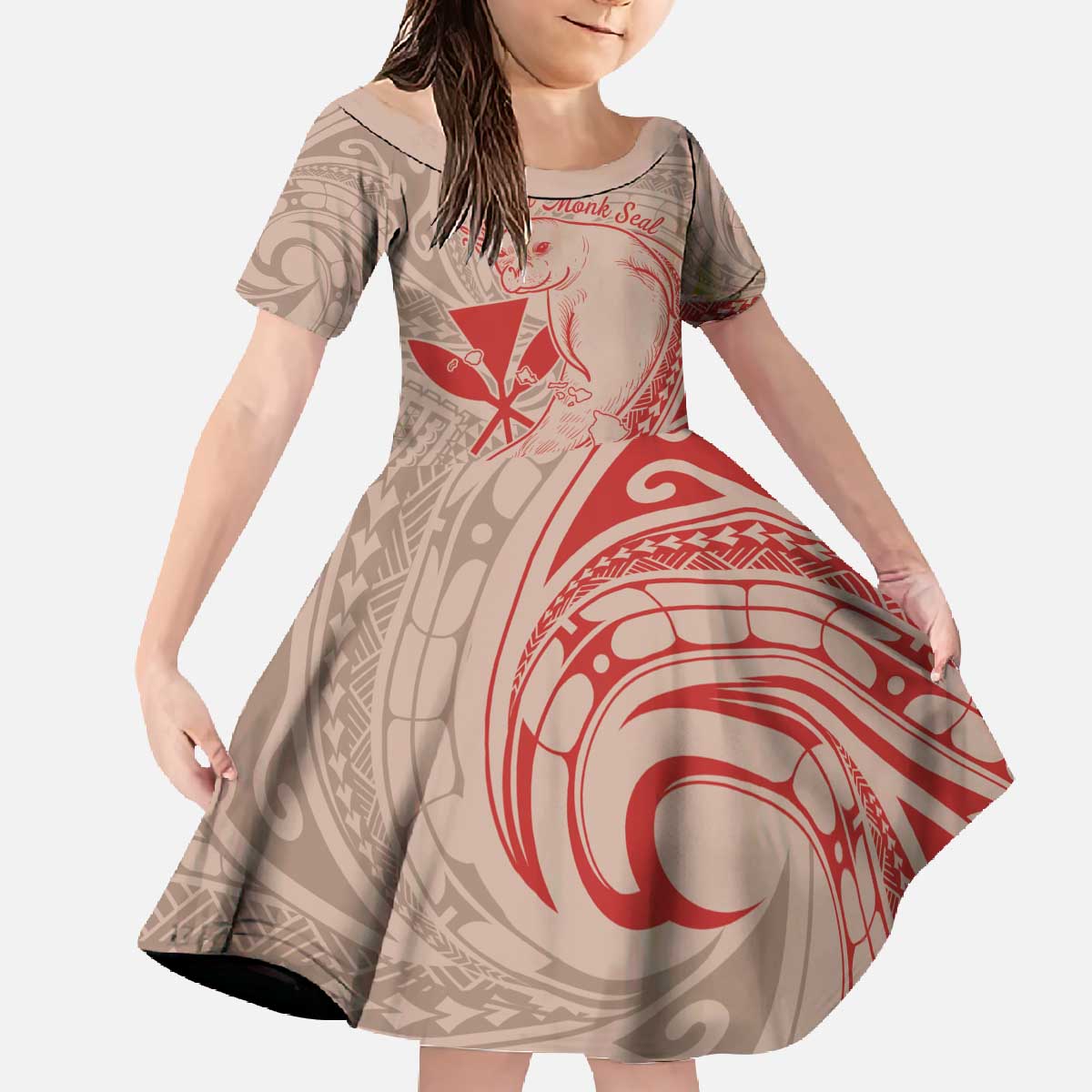 Hawaii Monk Seal and Map Family Matching Off The Shoulder Long Sleeve Dress and Hawaiian Shirt Polynesian Kanaka Maoli Red Vibe LT9 Daughter's Dress Red - Polynesian Pride