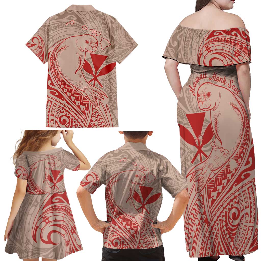 Hawaii Monk Seal and Map Family Matching Off Shoulder Maxi Dress and Hawaiian Shirt Polynesian Kanaka Maoli Red Vibe LT9 - Polynesian Pride