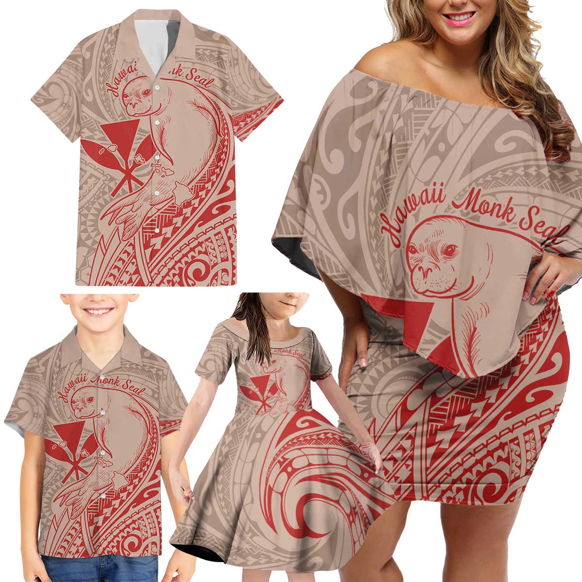 Hawaii Monk Seal and Map Family Matching Off Shoulder Short Dress and Hawaiian Shirt Polynesian Kanaka Maoli Red Vibe LT9 - Polynesian Pride