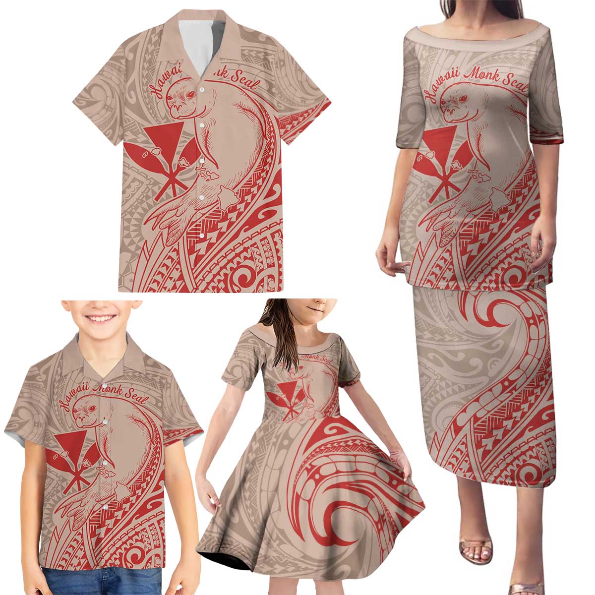 Hawaii Monk Seal and Map Family Matching Puletasi and Hawaiian Shirt Polynesian Kanaka Maoli Red Vibe LT9 - Polynesian Pride
