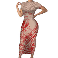 Hawaii Monk Seal and Map Family Matching Short Sleeve Bodycon Dress and Hawaiian Shirt Polynesian Kanaka Maoli Red Vibe LT9 Mom's Dress Red - Polynesian Pride