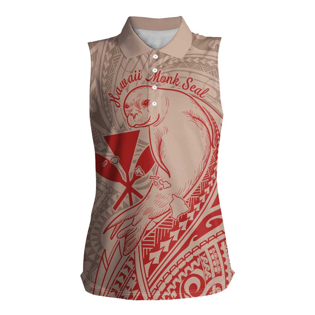 Hawaii Monk Seal and Map Women Sleeveless Polo Shirt Polynesian Kanaka Maoli Red Vibe LT9 Female Red - Polynesian Pride
