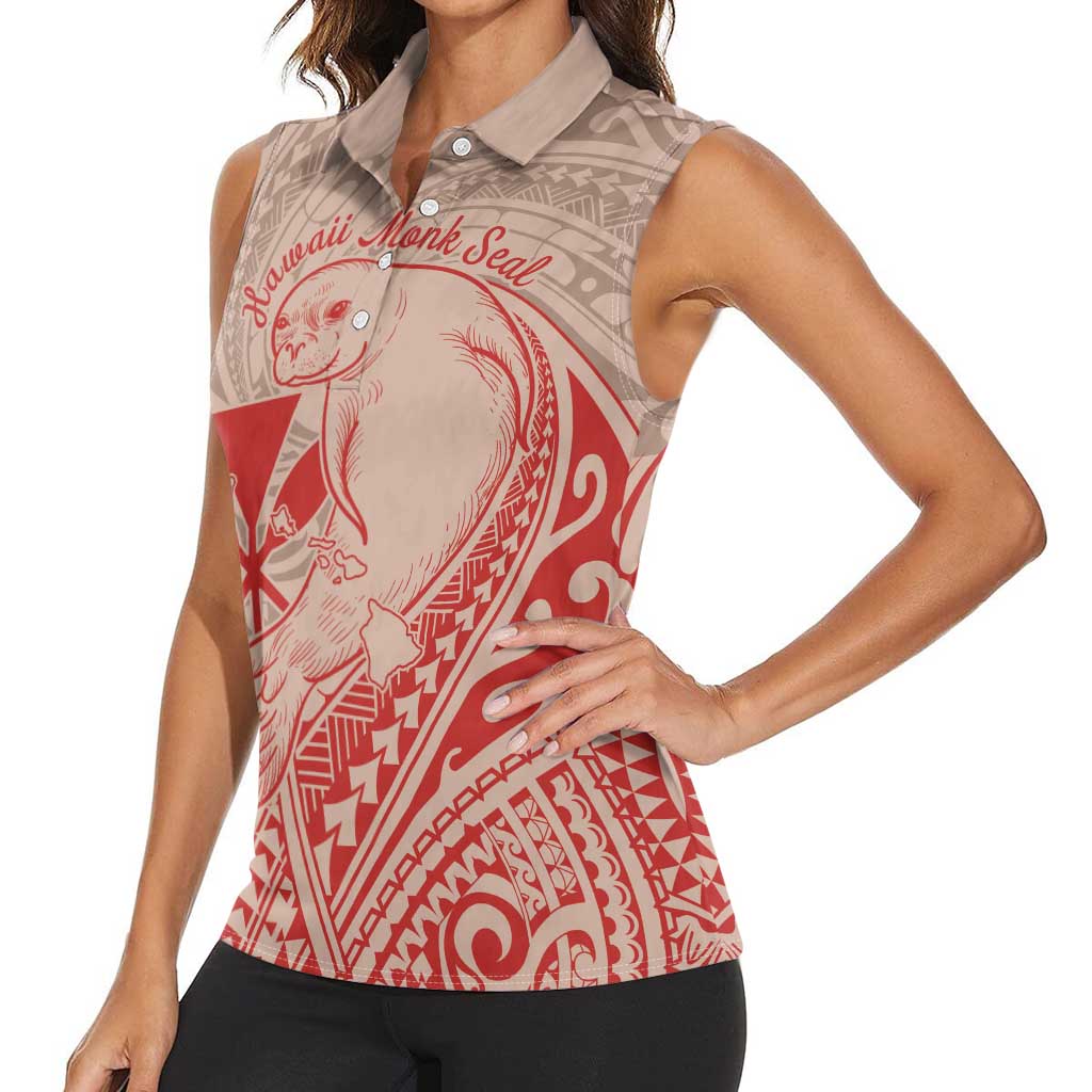 Hawaii Monk Seal and Map Women Sleeveless Polo Shirt Polynesian Kanaka Maoli Red Vibe LT9 - Polynesian Pride