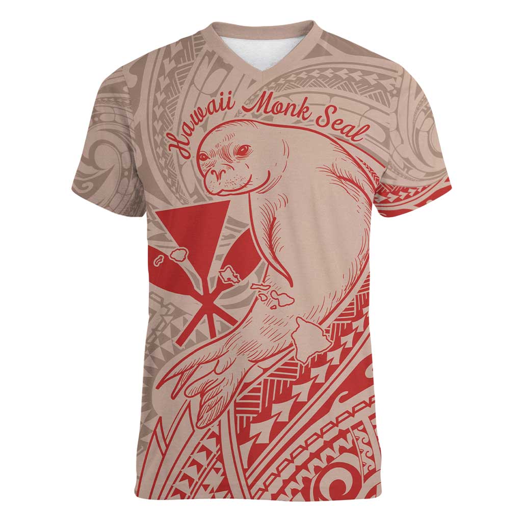 Hawaii Monk Seal and Map Women V-Neck T-Shirt Polynesian Kanaka Maoli Red Vibe LT9 Female Red - Polynesian Pride