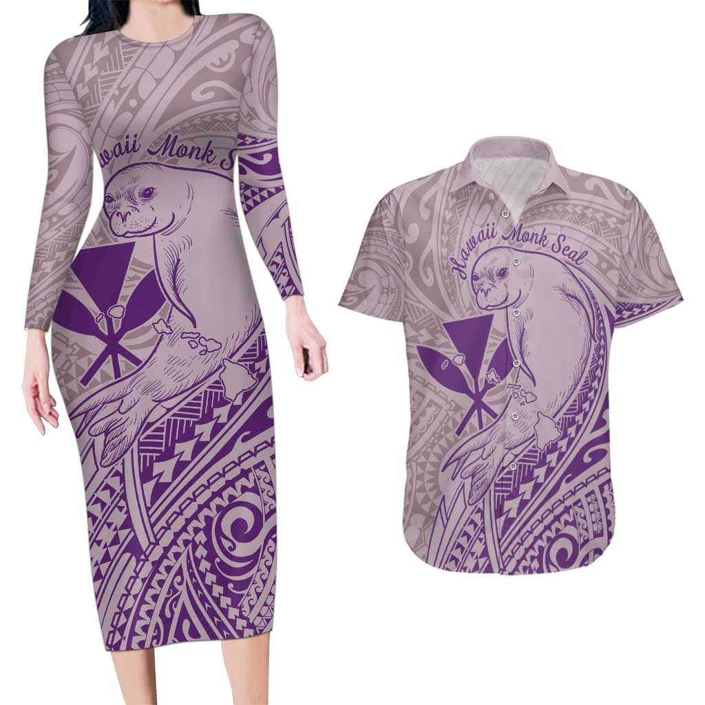 Hawaii Monk Seal and Map Couples Matching Long Sleeve Bodycon Dress and Hawaiian Shirt Polynesian Kanaka Maoli Violet Vibe LT9 Violet - Polynesian Pride