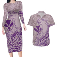 Hawaii Monk Seal and Map Couples Matching Long Sleeve Bodycon Dress and Hawaiian Shirt Polynesian Kanaka Maoli Violet Vibe LT9 Violet - Polynesian Pride