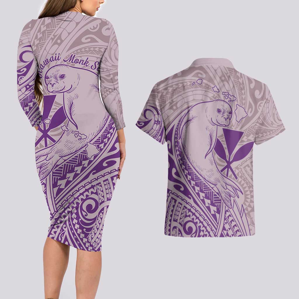 Hawaii Monk Seal and Map Couples Matching Long Sleeve Bodycon Dress and Hawaiian Shirt Polynesian Kanaka Maoli Violet Vibe LT9 - Polynesian Pride