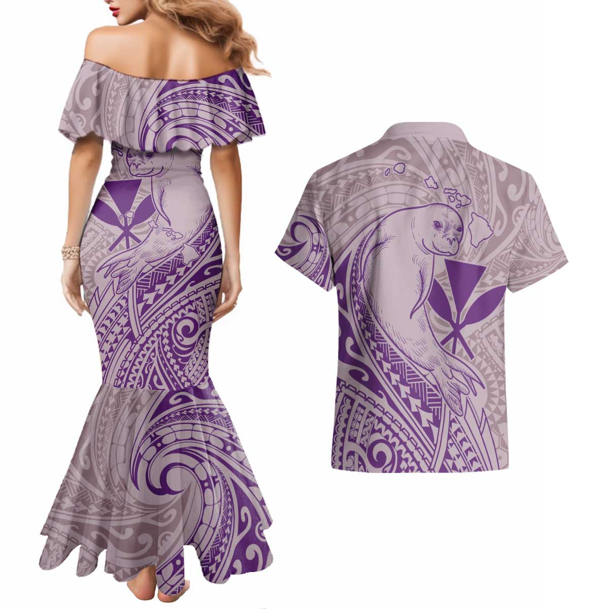 Hawaii Monk Seal and Map Couples Matching Mermaid Dress and Hawaiian Shirt Polynesian Kanaka Maoli Violet Vibe LT9 - Polynesian Pride