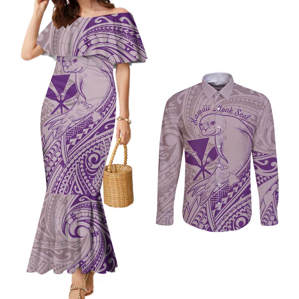 Hawaii Monk Seal and Map Couples Matching Mermaid Dress and Long Sleeve Button Shirt Polynesian Kanaka Maoli Violet Vibe LT9 Violet - Polynesian Pride