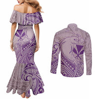 Hawaii Monk Seal and Map Couples Matching Mermaid Dress and Long Sleeve Button Shirt Polynesian Kanaka Maoli Violet Vibe LT9 - Polynesian Pride