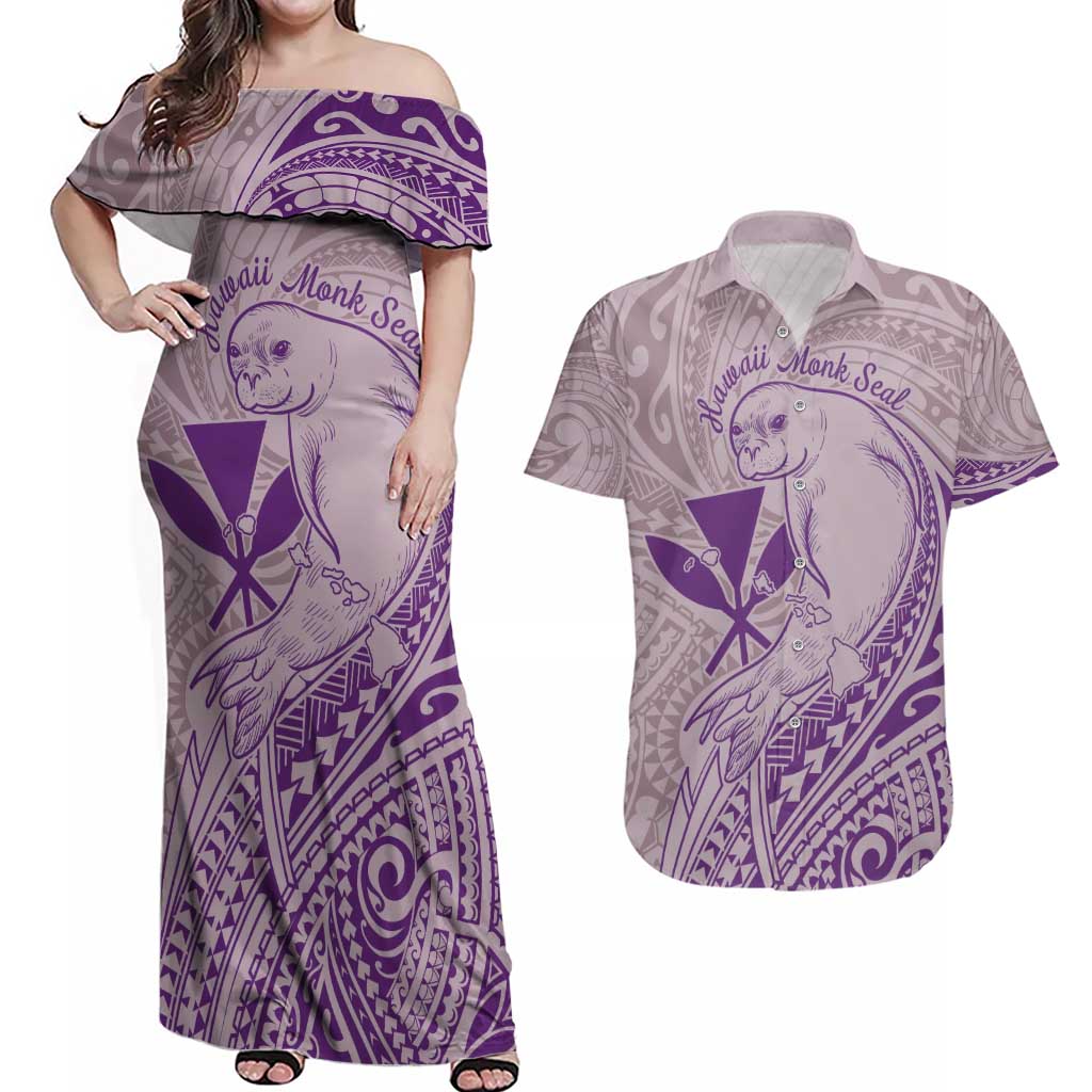 Hawaii Monk Seal and Map Couples Matching Off Shoulder Maxi Dress and Hawaiian Shirt Polynesian Kanaka Maoli Violet Vibe LT9 Violet - Polynesian Pride
