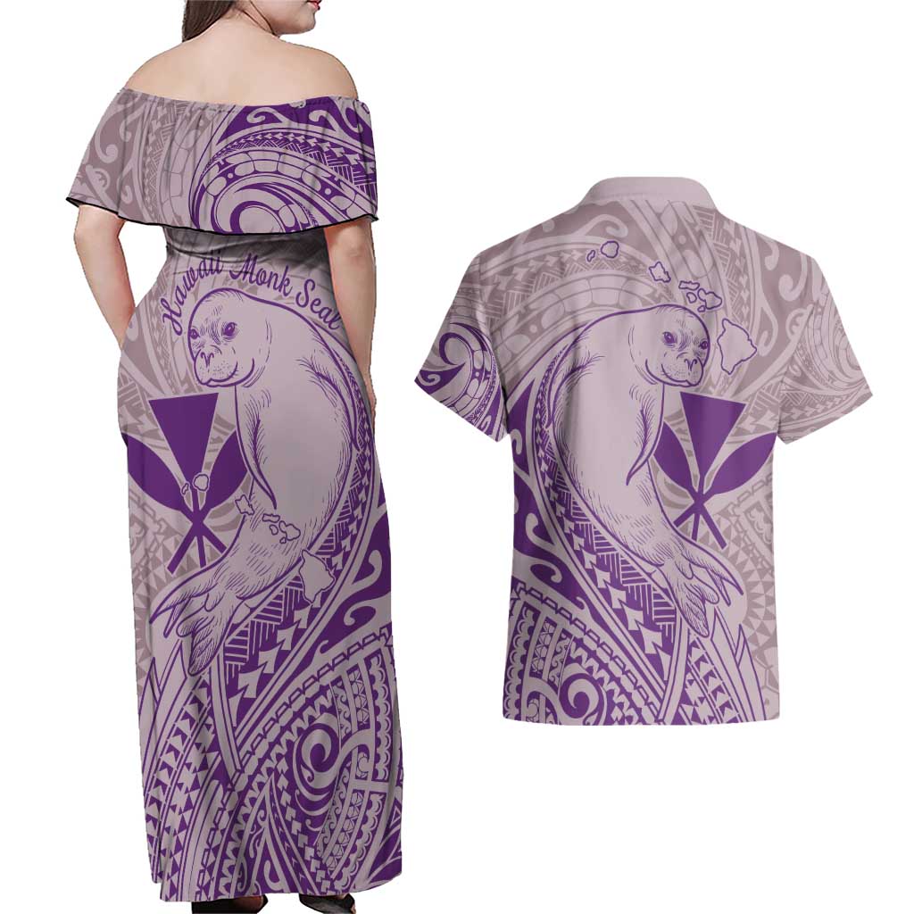 Hawaii Monk Seal and Map Couples Matching Off Shoulder Maxi Dress and Hawaiian Shirt Polynesian Kanaka Maoli Violet Vibe LT9 - Polynesian Pride