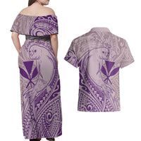 Hawaii Monk Seal and Map Couples Matching Off Shoulder Maxi Dress and Hawaiian Shirt Polynesian Kanaka Maoli Violet Vibe LT9 - Polynesian Pride