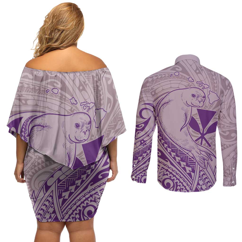 Hawaii Monk Seal and Map Couples Matching Off Shoulder Short Dress and Long Sleeve Button Shirt Polynesian Kanaka Maoli Violet Vibe LT9 - Polynesian Pride