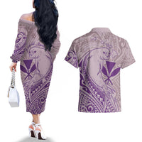 Hawaii Monk Seal and Map Couples Matching Off The Shoulder Long Sleeve Dress and Hawaiian Shirt Polynesian Kanaka Maoli Violet Vibe LT9 - Polynesian Pride