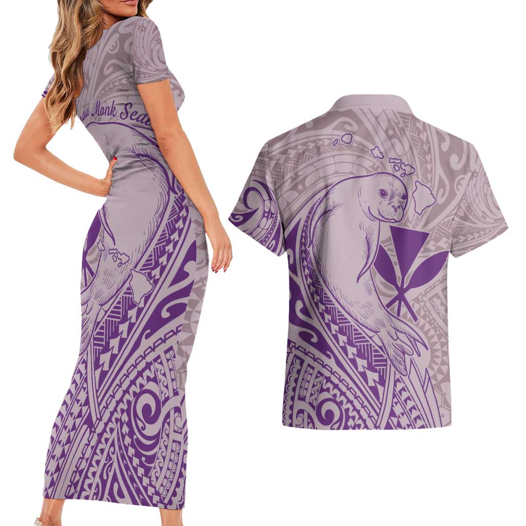 Hawaii Monk Seal and Map Couples Matching Short Sleeve Bodycon Dress and Hawaiian Shirt Polynesian Kanaka Maoli Violet Vibe LT9 - Polynesian Pride