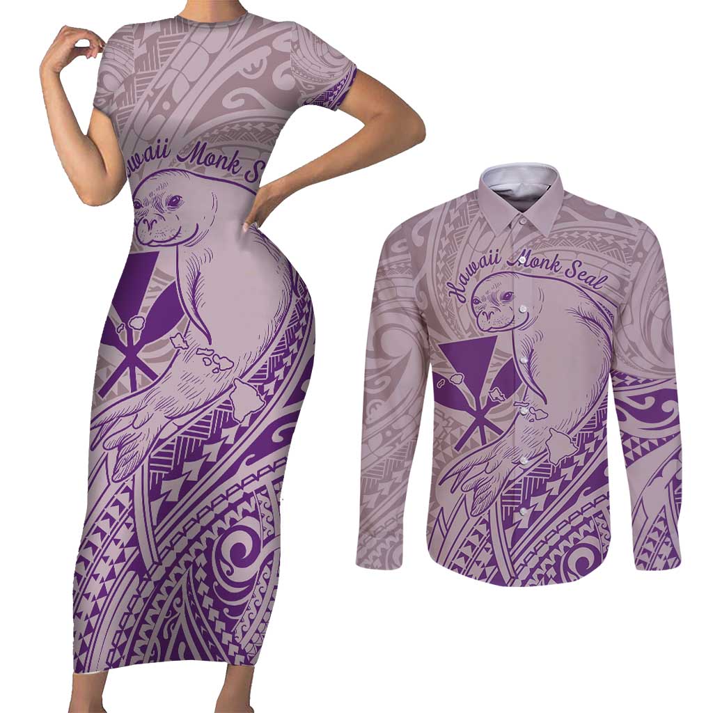 Hawaii Monk Seal and Map Couples Matching Short Sleeve Bodycon Dress and Long Sleeve Button Shirt Polynesian Kanaka Maoli Violet Vibe LT9 Violet - Polynesian Pride