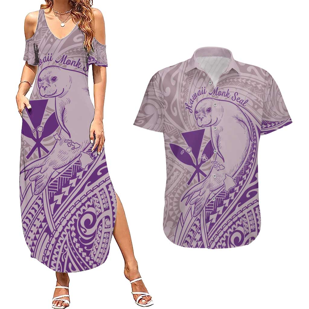 Hawaii Monk Seal and Map Couples Matching Summer Maxi Dress and Hawaiian Shirt Polynesian Kanaka Maoli Violet Vibe LT9 Violet - Polynesian Pride
