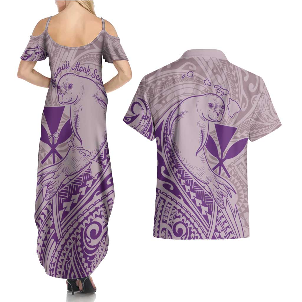 Hawaii Monk Seal and Map Couples Matching Summer Maxi Dress and Hawaiian Shirt Polynesian Kanaka Maoli Violet Vibe LT9 - Polynesian Pride