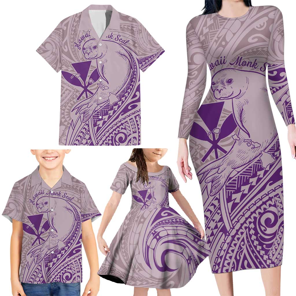 Hawaii Monk Seal and Map Family Matching Long Sleeve Bodycon Dress and Hawaiian Shirt Polynesian Kanaka Maoli Violet Vibe LT9 - Polynesian Pride