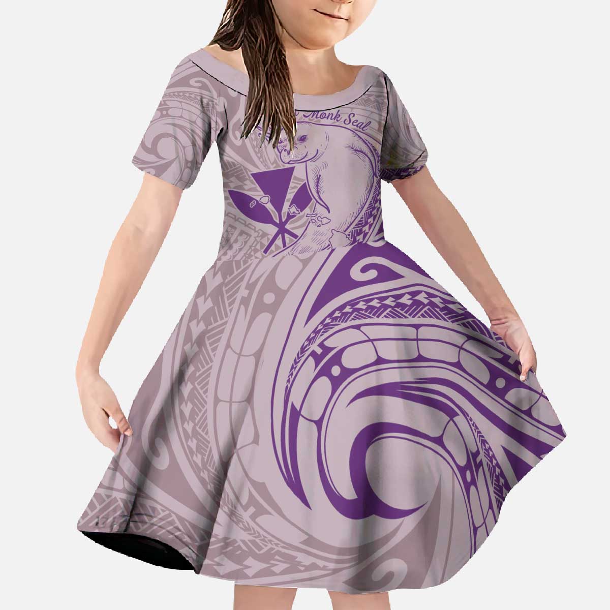 Hawaii Monk Seal and Map Family Matching Off The Shoulder Long Sleeve Dress and Hawaiian Shirt Polynesian Kanaka Maoli Violet Vibe LT9 Daughter's Dress Violet - Polynesian Pride
