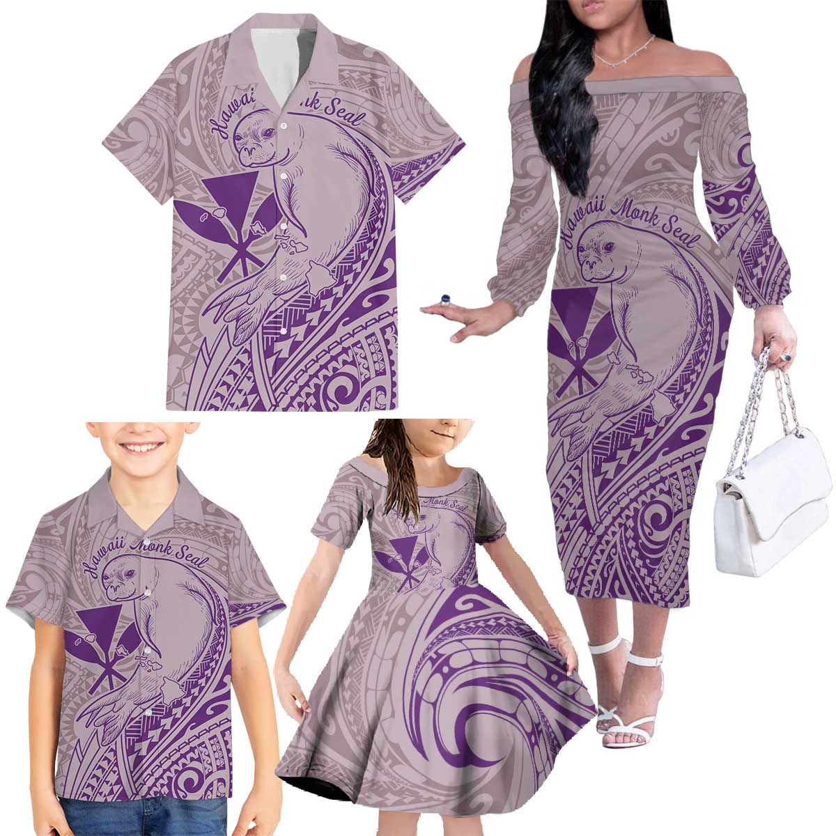 Hawaii Monk Seal and Map Family Matching Off The Shoulder Long Sleeve Dress and Hawaiian Shirt Polynesian Kanaka Maoli Violet Vibe LT9 - Polynesian Pride