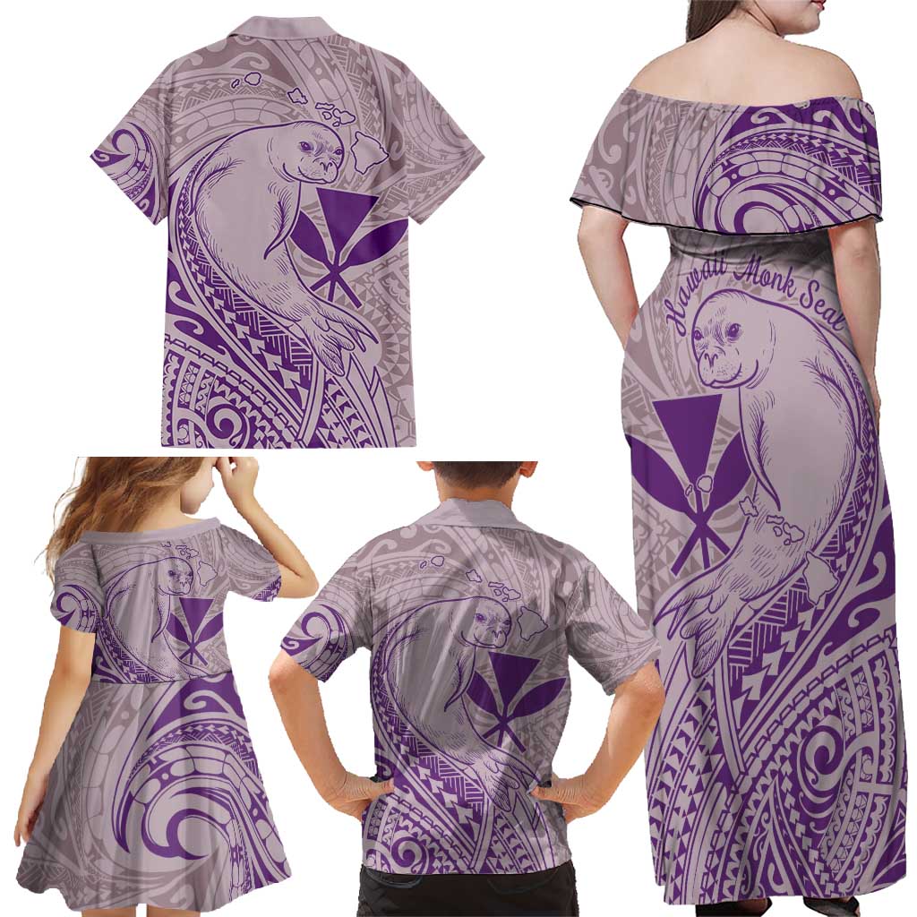 Hawaii Monk Seal and Map Family Matching Off Shoulder Maxi Dress and Hawaiian Shirt Polynesian Kanaka Maoli Violet Vibe LT9 - Polynesian Pride