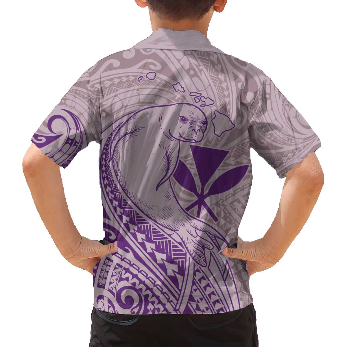 Hawaii Monk Seal and Map Family Matching Off Shoulder Short Dress and Hawaiian Shirt Polynesian Kanaka Maoli Violet Vibe LT9 - Polynesian Pride