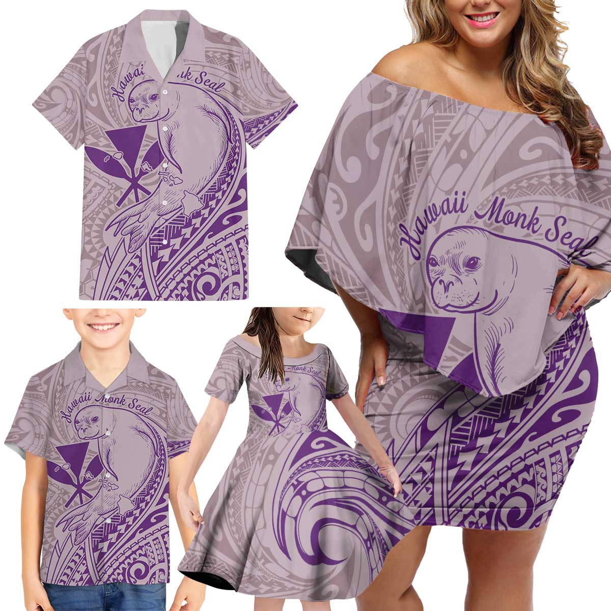 Hawaii Monk Seal and Map Family Matching Off Shoulder Short Dress and Hawaiian Shirt Polynesian Kanaka Maoli Violet Vibe LT9 - Polynesian Pride