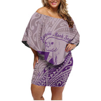 Hawaii Monk Seal and Map Family Matching Off Shoulder Short Dress and Hawaiian Shirt Polynesian Kanaka Maoli Violet Vibe LT9 Mom's Dress Violet - Polynesian Pride