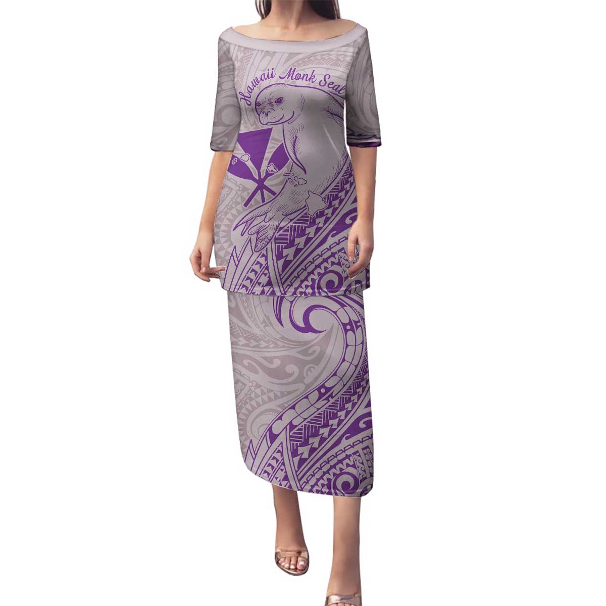 Hawaii Monk Seal and Map Family Matching Puletasi and Hawaiian Shirt Polynesian Kanaka Maoli Violet Vibe LT9 Mom's Dress Violet - Polynesian Pride