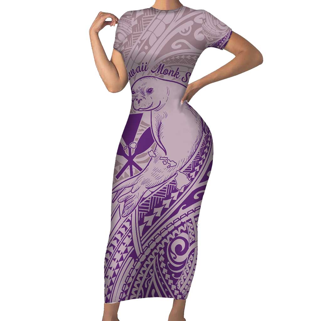 Hawaii Monk Seal and Map Family Matching Short Sleeve Bodycon Dress and Hawaiian Shirt Polynesian Kanaka Maoli Violet Vibe LT9 Mom's Dress Violet - Polynesian Pride