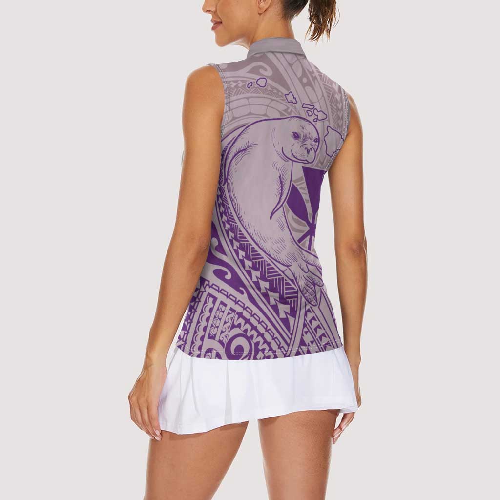 Hawaii Monk Seal and Map Women Sleeveless Polo Shirt Polynesian Kanaka Maoli Violet Vibe LT9 - Polynesian Pride