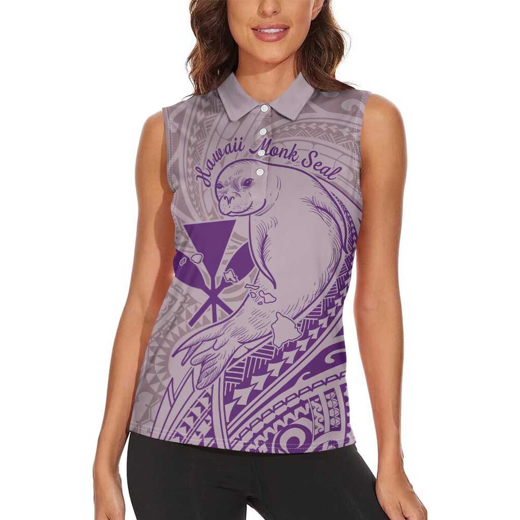 Hawaii Monk Seal and Map Women Sleeveless Polo Shirt Polynesian Kanaka Maoli Violet Vibe LT9 - Polynesian Pride