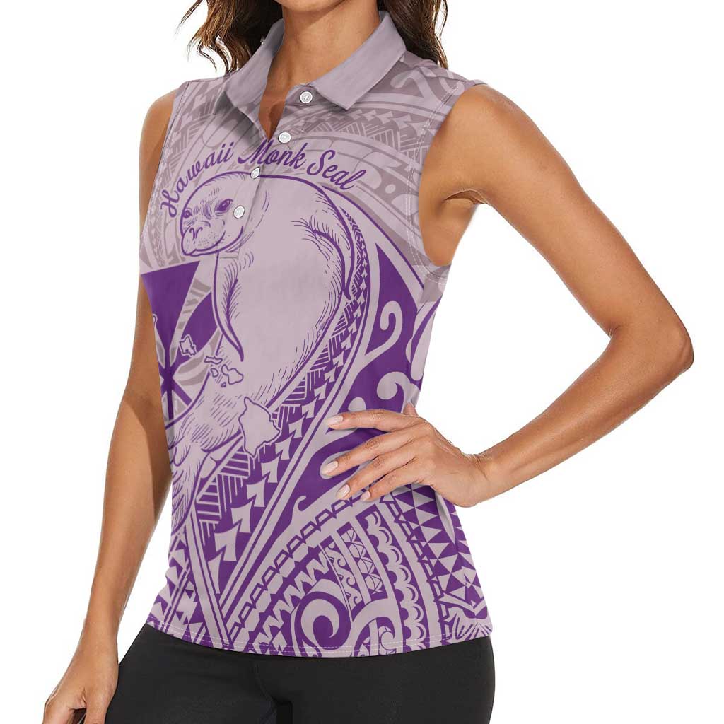 Hawaii Monk Seal and Map Women Sleeveless Polo Shirt Polynesian Kanaka Maoli Violet Vibe LT9 - Polynesian Pride