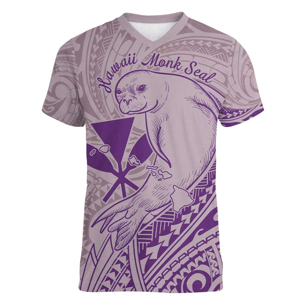 Hawaii Monk Seal and Map Women V-Neck T-Shirt Polynesian Kanaka Maoli Violet Vibe LT9 Female Violet - Polynesian Pride
