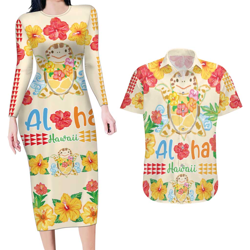 Kawaii Turtle Couples Matching Long Sleeve Bodycon Dress and Hawaiian Shirt Aloha Hibiscus Flowers LT9 Beige - Polynesian Pride