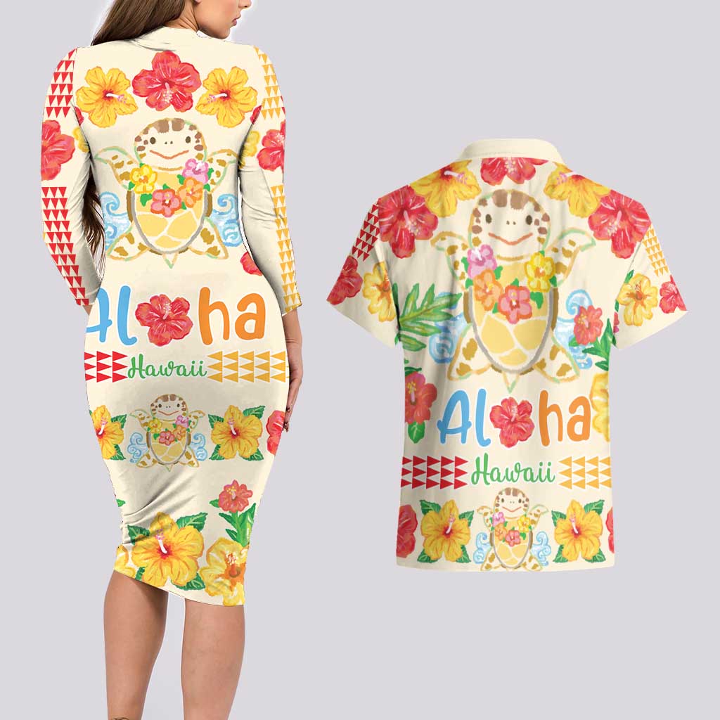 Kawaii Turtle Couples Matching Long Sleeve Bodycon Dress and Hawaiian Shirt Aloha Hibiscus Flowers LT9 - Polynesian Pride
