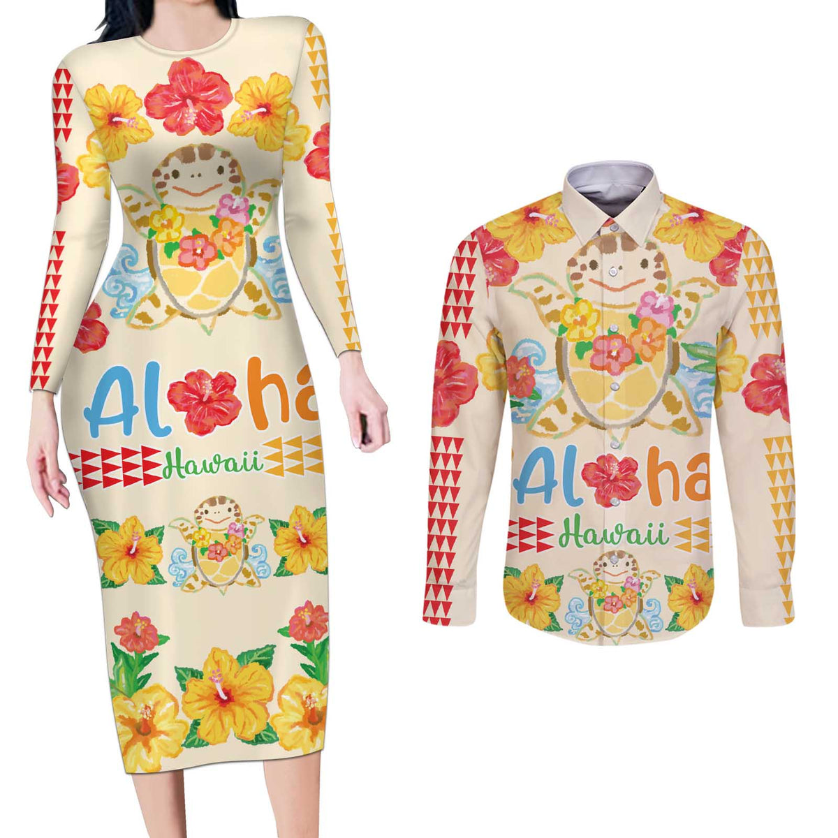 Kawaii Turtle Couples Matching Long Sleeve Bodycon Dress and Long Sleeve Button Shirt Aloha Hibiscus Flowers LT9 Beige - Polynesian Pride