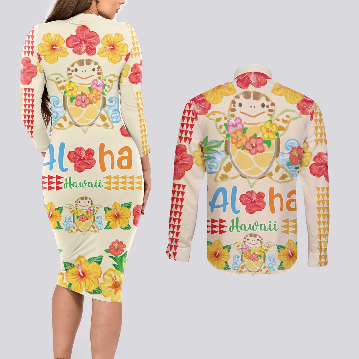 Kawaii Turtle Couples Matching Long Sleeve Bodycon Dress and Long Sleeve Button Shirt Aloha Hibiscus Flowers LT9 - Polynesian Pride